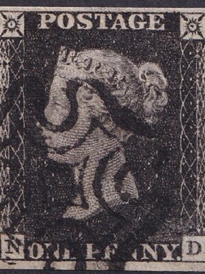 GB QV 1840 1D Black – Plate 1B (ND), ND 4 Margins, Clear Black Maltese Cross, Fine Used (Cat: £375)