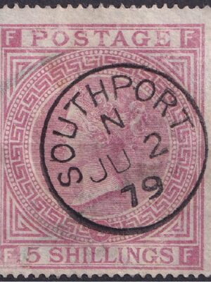 GB QV 1874 5/- Pale Rose – SG127, Plate 2 (FF), VGU, Superb Southport CDS (Cat £1500)