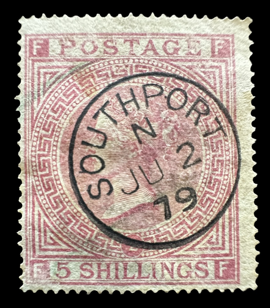 GB QV 1874 5/- Pale Rose – SG127, Plate 2 (FF), VGU, Superb Southport CDS (Cat £1500)